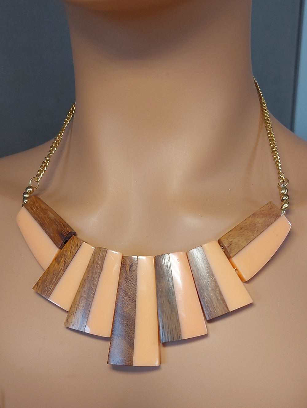 Peach Resin Wood Grain Statement Bib Necklace